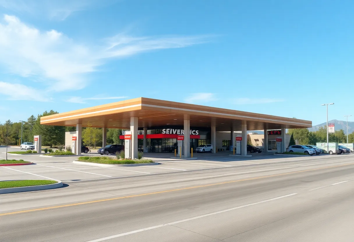 Rendering of a modern service plaza with enhanced features.