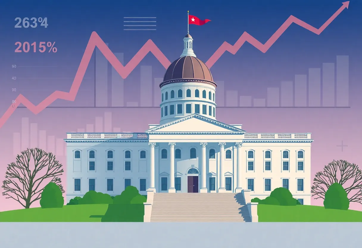 Illustration of Massachusetts State House with economic indicators