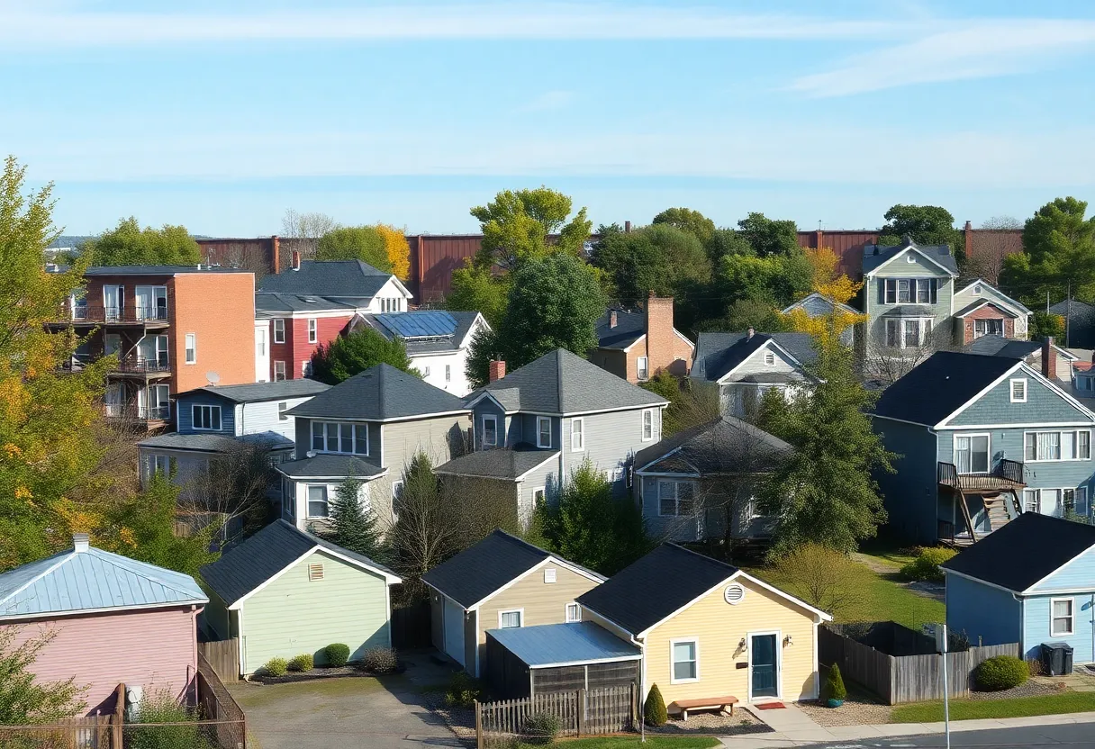 A diverse urban neighborhood in Massachusetts showing various housing types