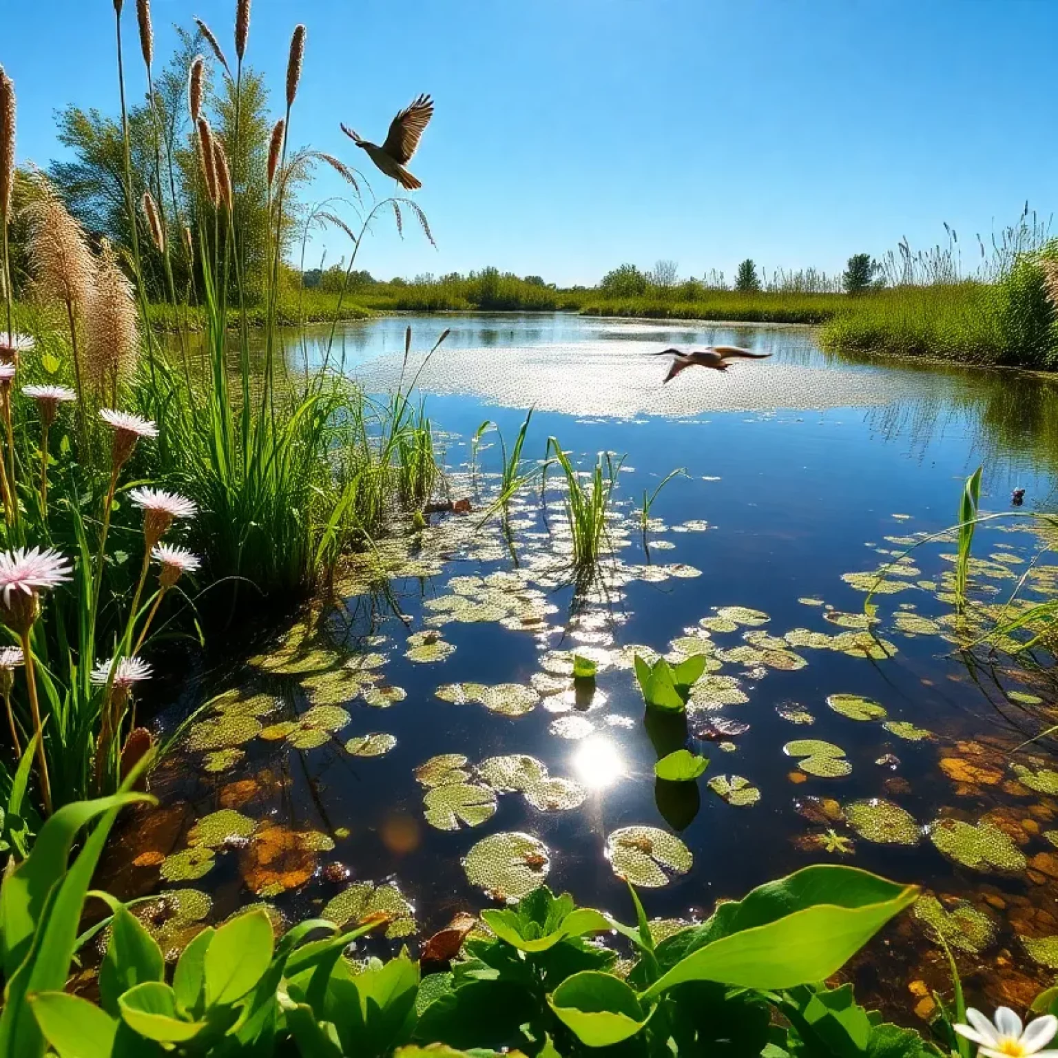 A restored wetland in Massachusetts with native plants and wildlife