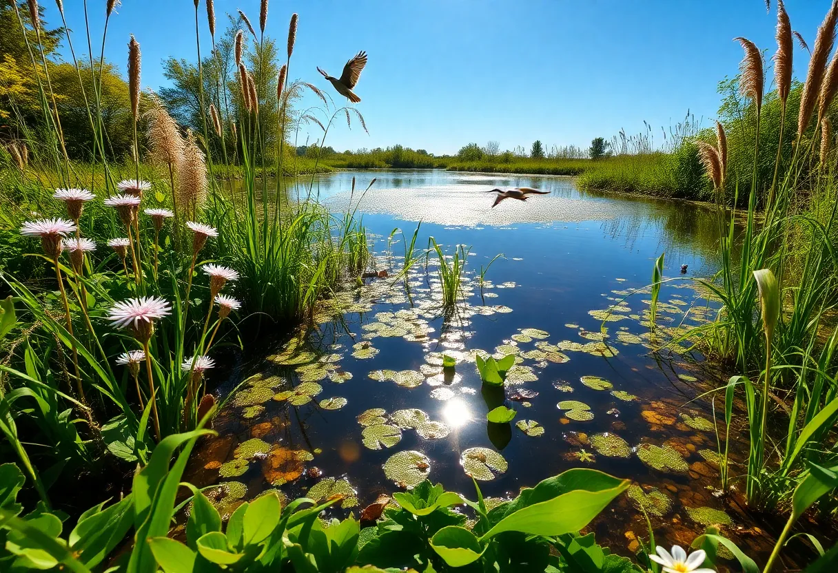 A restored wetland in Massachusetts with native plants and wildlife