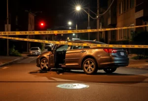 Crashed vehicle in a crime scene surrounded by police tape in Mattapan, Boston