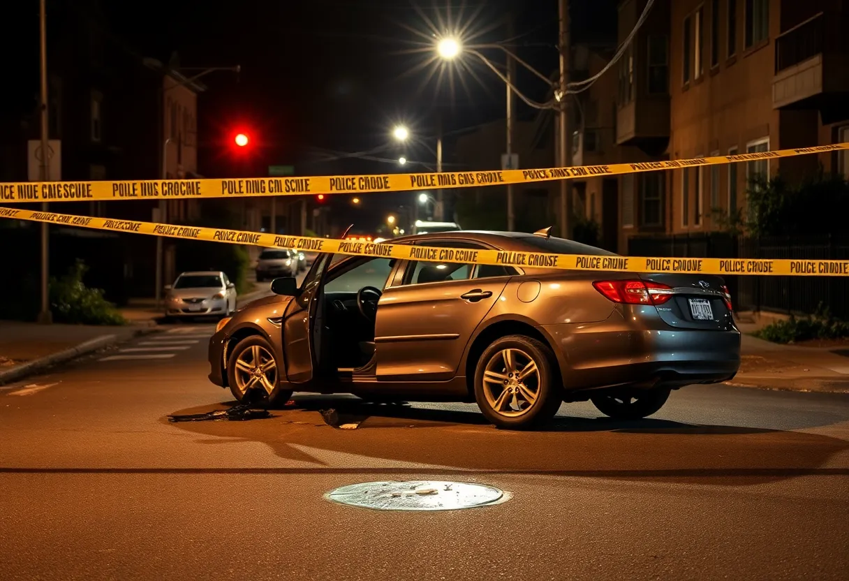 Crashed vehicle in a crime scene surrounded by police tape in Mattapan, Boston