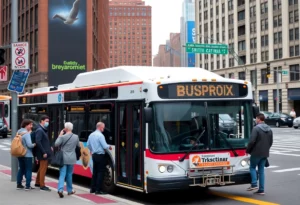 MBTA bus on a Boston street with passengers boarding.