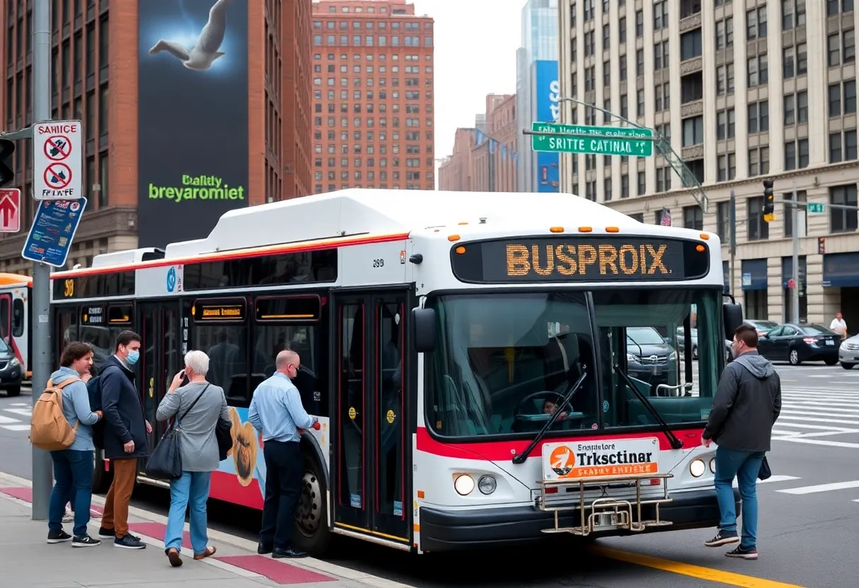 MBTA bus on a Boston street with passengers boarding.