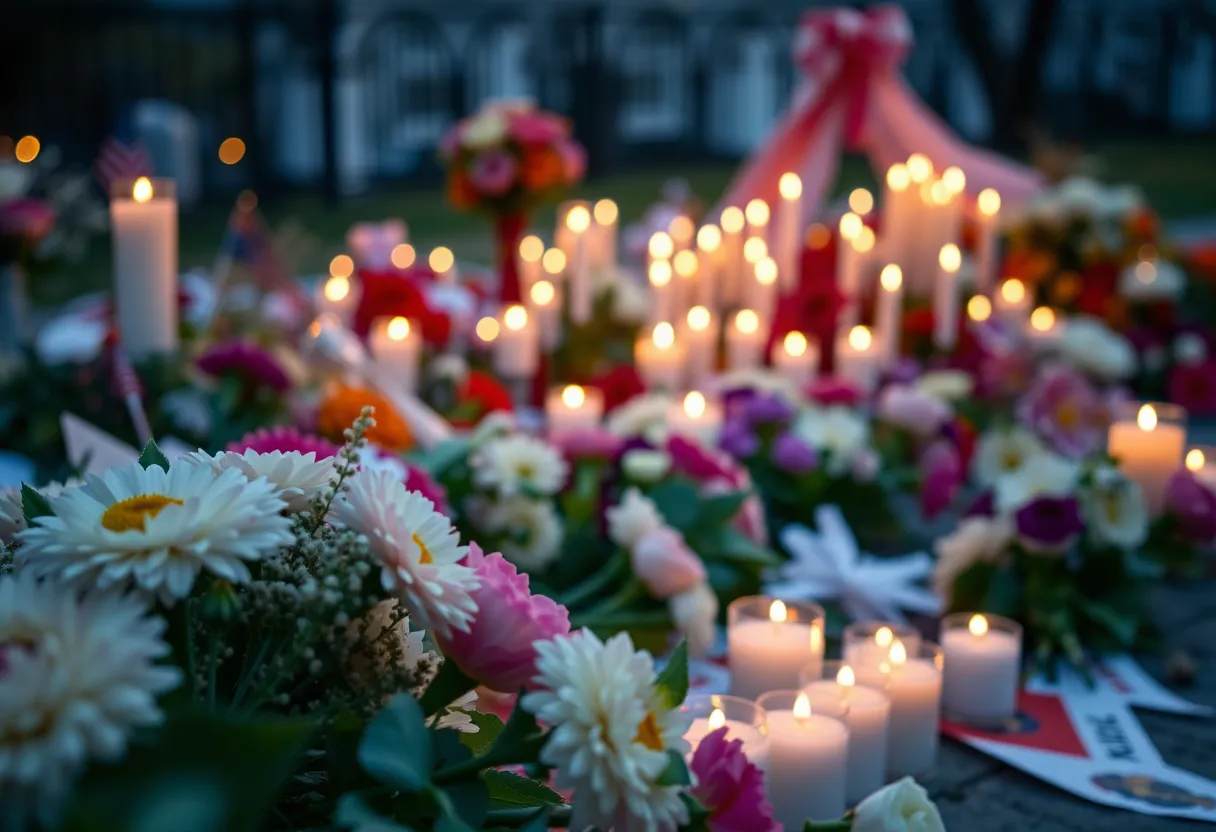 Memorial flowers and candles for Robert J. O'Connor