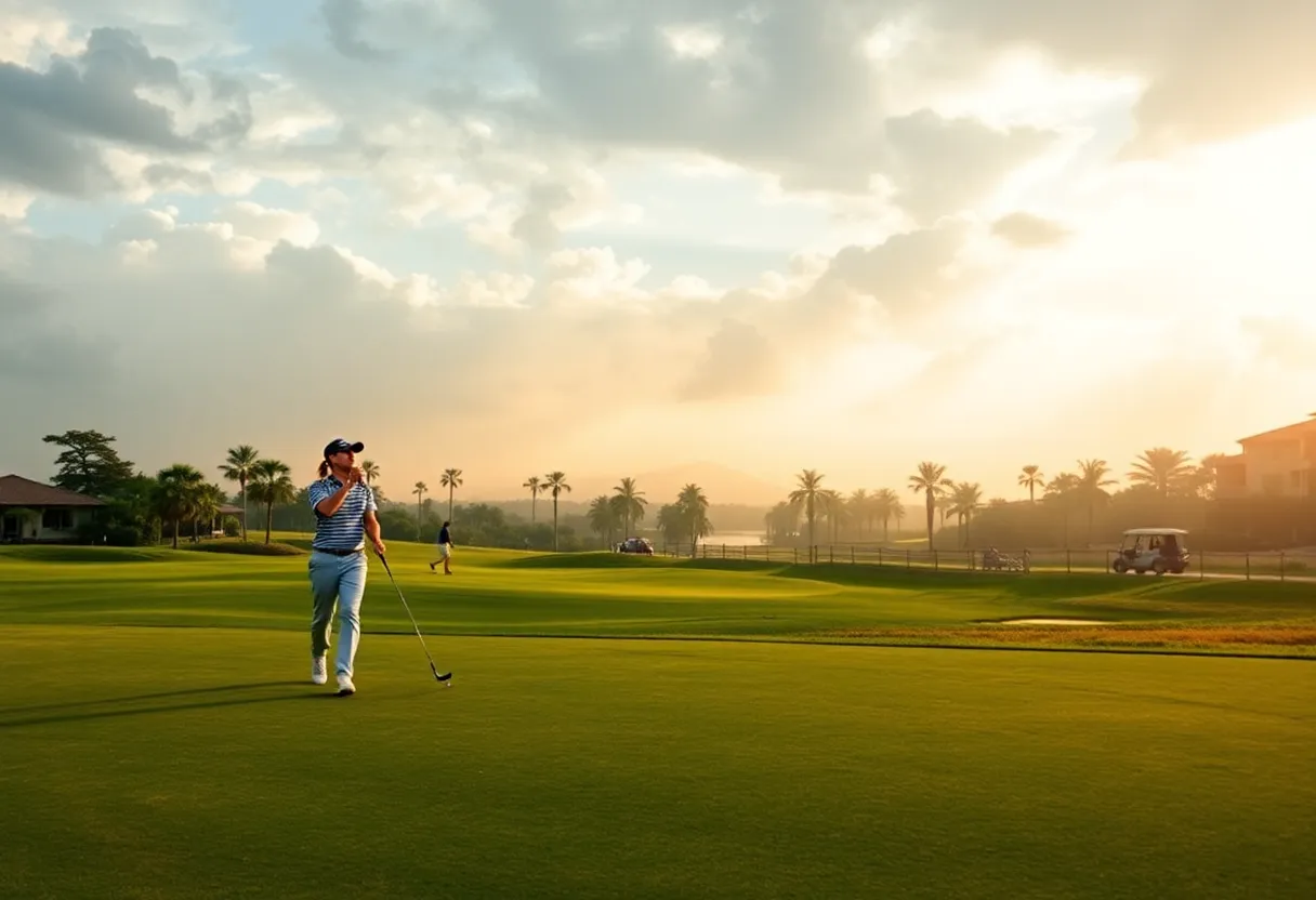 A golfer taking a swing on a sunny golf course with trees and blue sky.