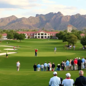 Golf players competing at Troon Country Club during the U.S. Mid-Amateur Championship.