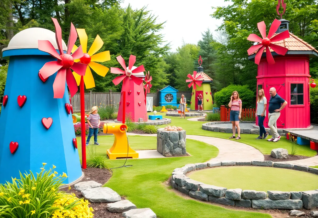 Two friends playing mini golf at a unique course in Massachusetts.