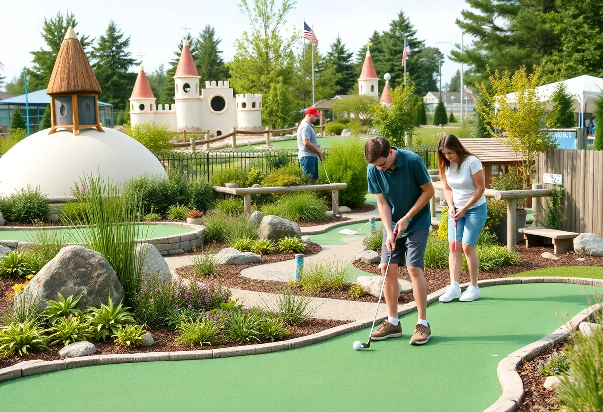 Two friends playing mini golf in a scenic course in Massachusetts