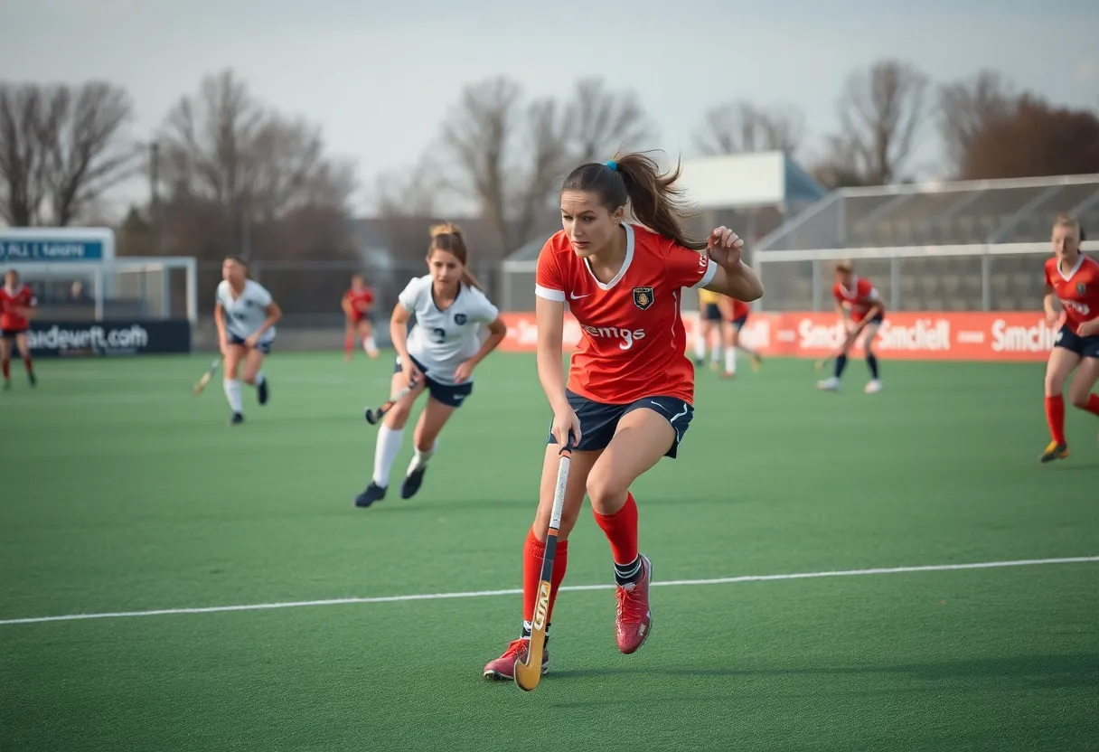 Nantucket Whalers field hockey team in action during a match