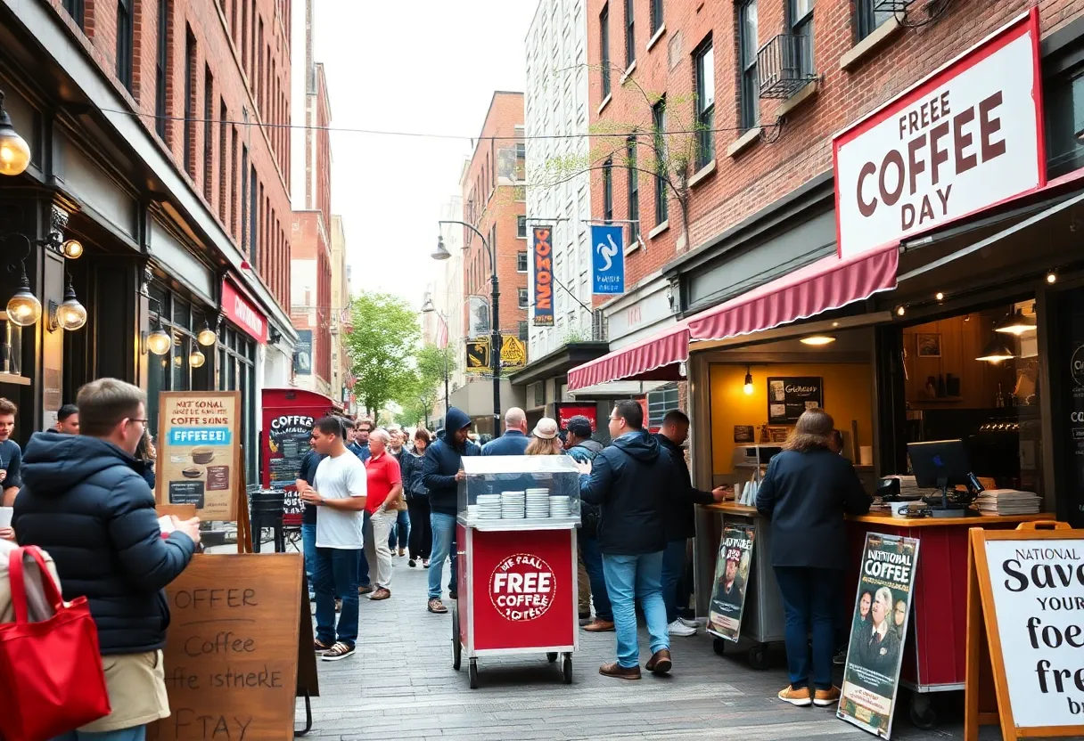 Happy customers enjoying free coffee on National Coffee Day in Boston