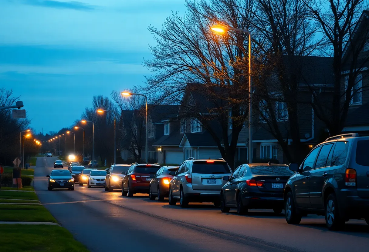 Surveillance cameras monitoring vehicles in a neighborhood during dawn.