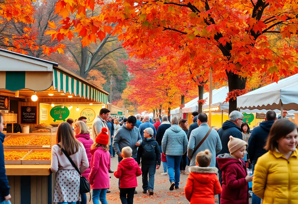 Families enjoying food and activities at a New England autumn festival.