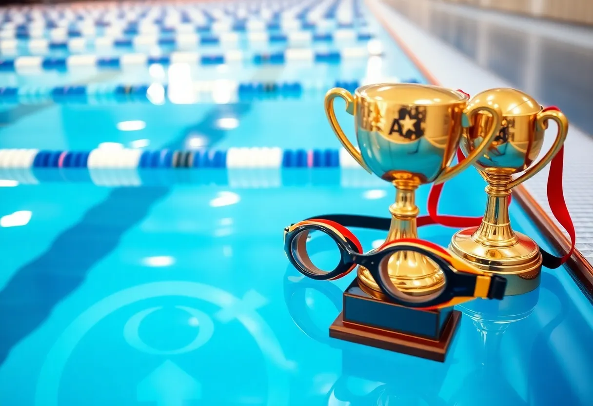 Swimming lanes and a trophy representing new leadership in USA Swimming