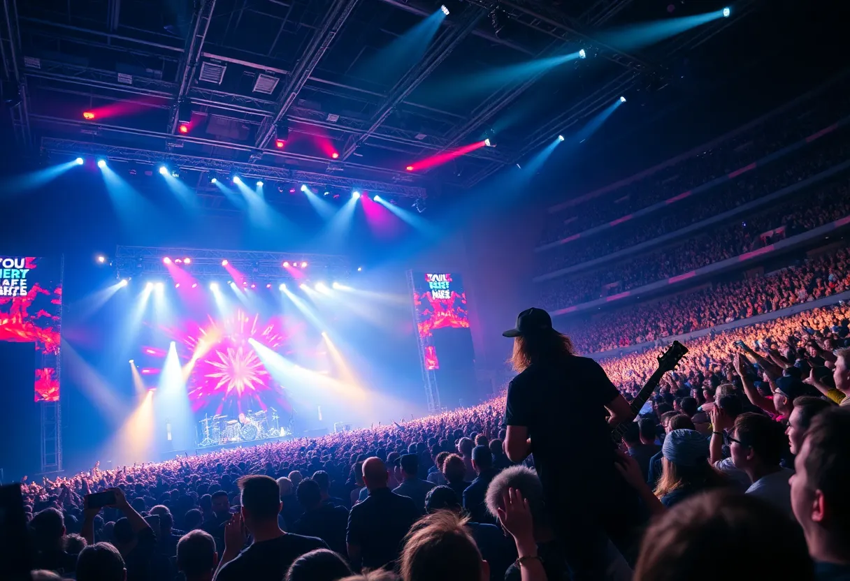 Nine Inch Nails performing on stage in Boston with an energetic crowd