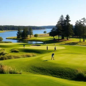 Scenic view of a golf course on the North Shore with players enjoying their game.
