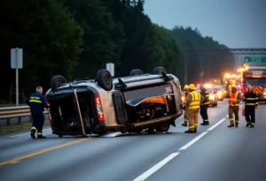 Emergency response at a rollover accident site on Route 3 North