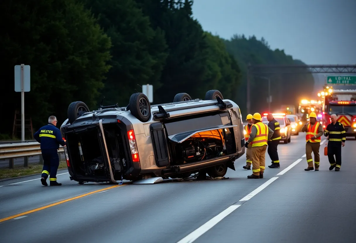 Emergency response at a rollover accident site on Route 3 North