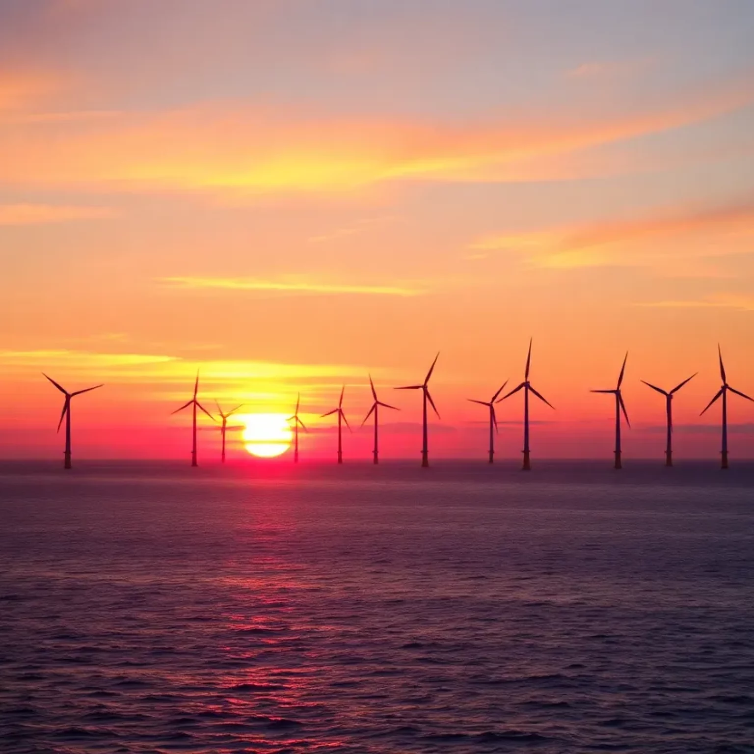 Offshore wind turbines near the horizon during sunset
