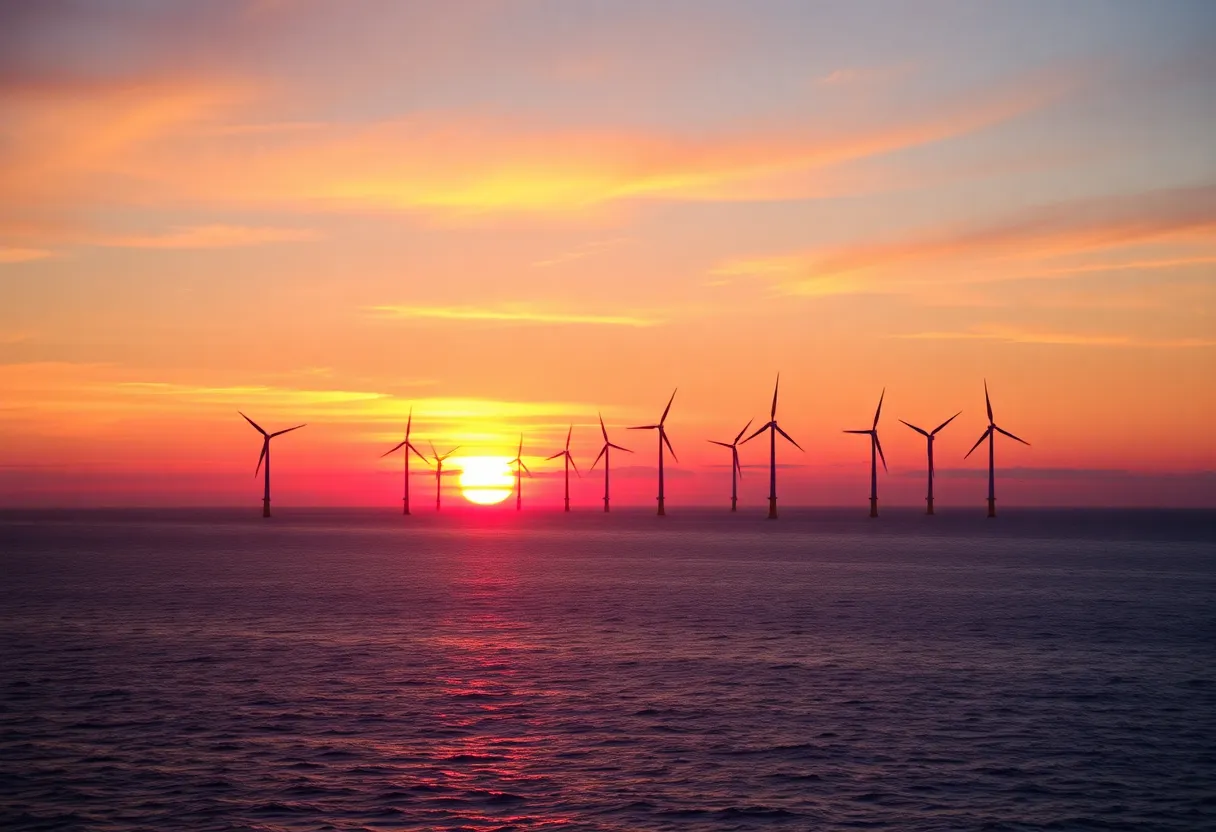 Offshore wind turbines near the horizon during sunset