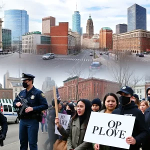 Boston cityscape with immigration enforcement imagery