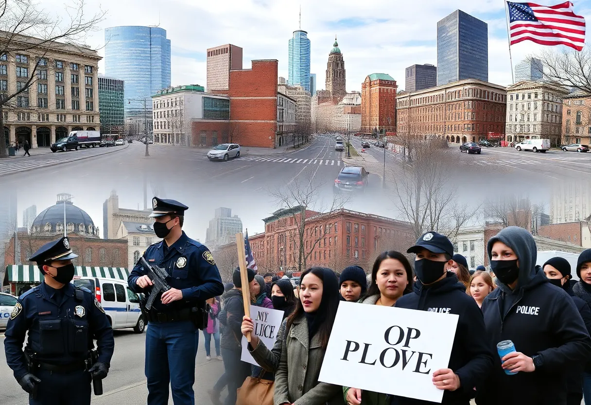 Boston cityscape with immigration enforcement imagery