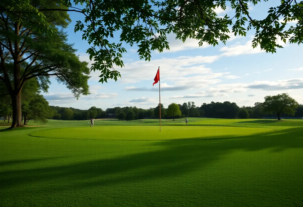 Par 4 hole at Overlook Golf Club with a focus on the green and flag.