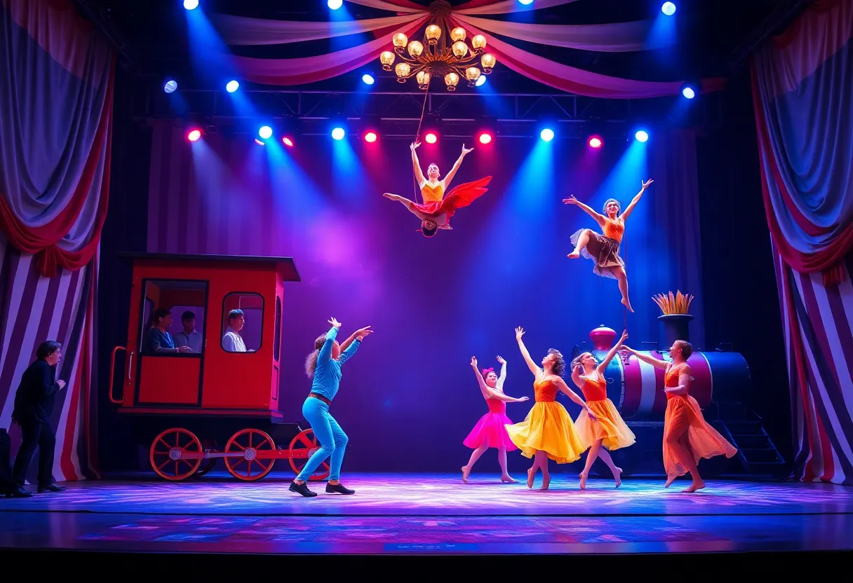 Scene from the theater production Passengers showcasing acrobatics and dance.