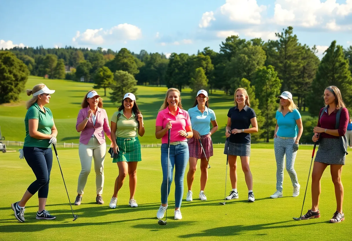 Female golfers celebrating women's golf at an outdoor golf event.