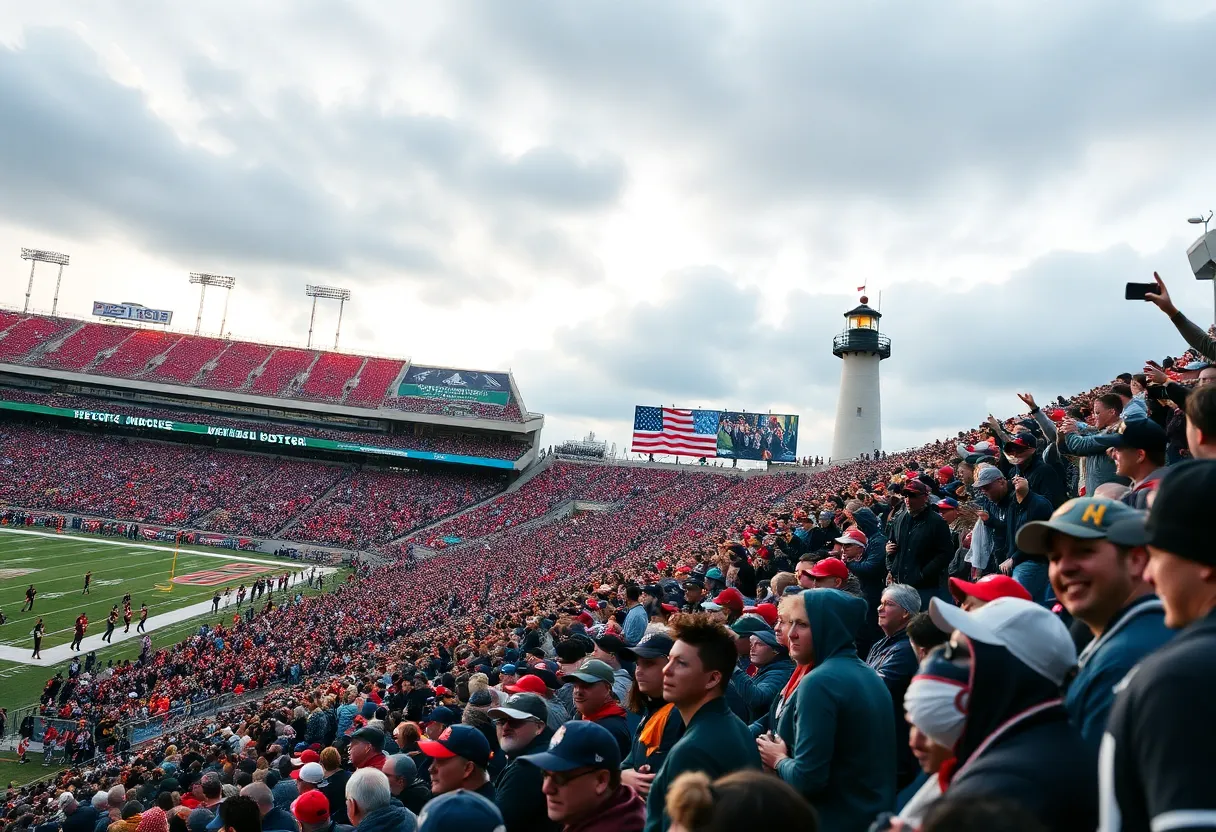 Crowd at Gillette Stadium during the Patriots game with a lighthouse in the background