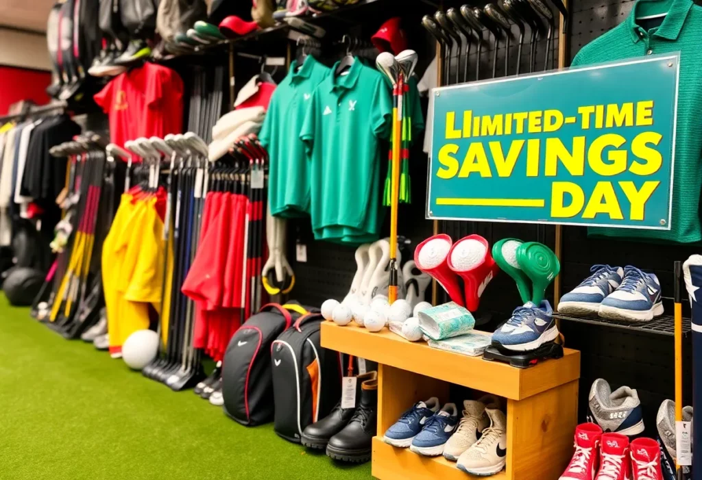 Inside view of a PGA Tour Superstore during a sale event with a display of golf gear.