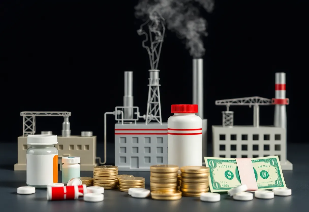 Illustration of pharmaceutical factories impacted by tariffs