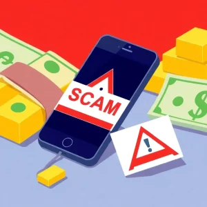 An illustration of a phone with money and gold bars symbolizing a scam.