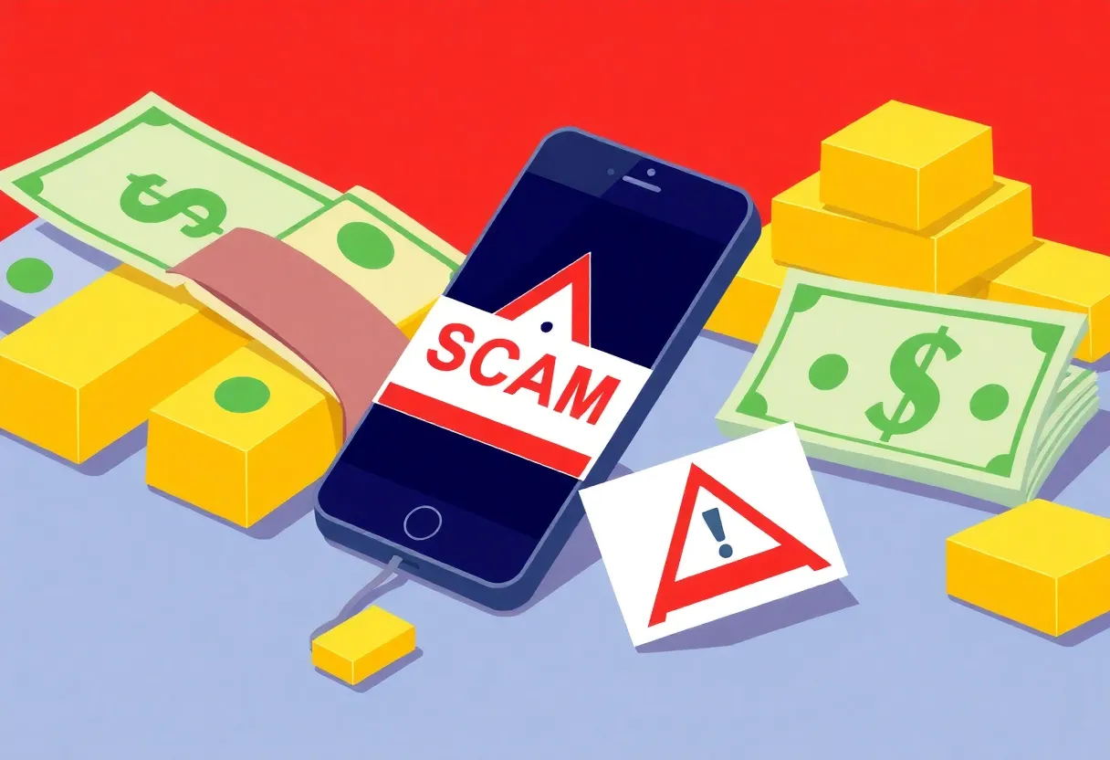 An illustration of a phone with money and gold bars symbolizing a scam.