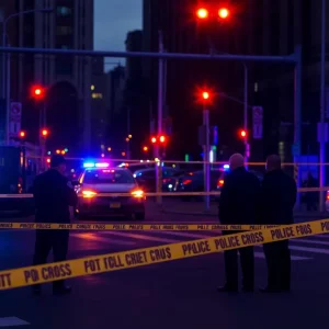 A police investigation scene with police tape and urban surroundings