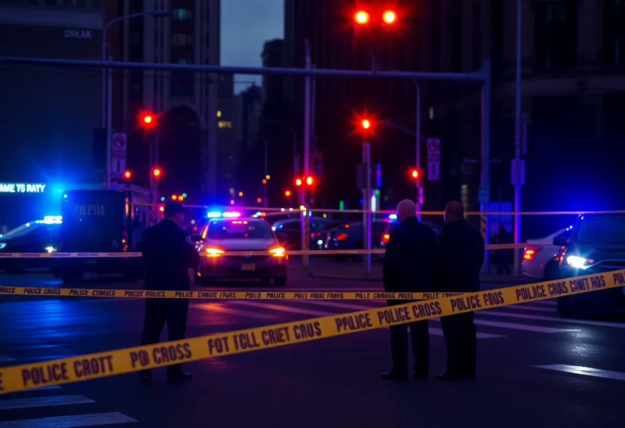 A police investigation scene with police tape and urban surroundings