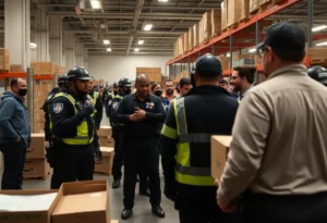 Police officers responding to an emergency at an Amazon facility.