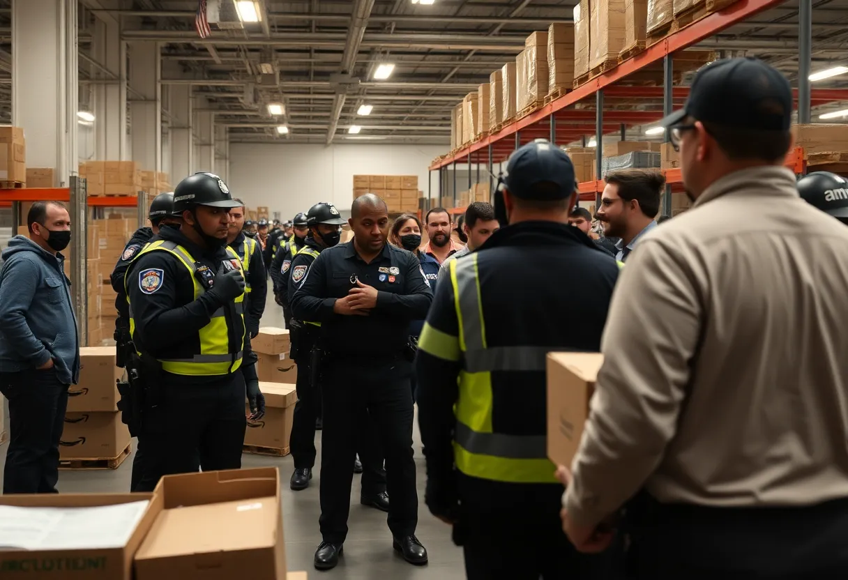 Police officers responding to an emergency at an Amazon facility.