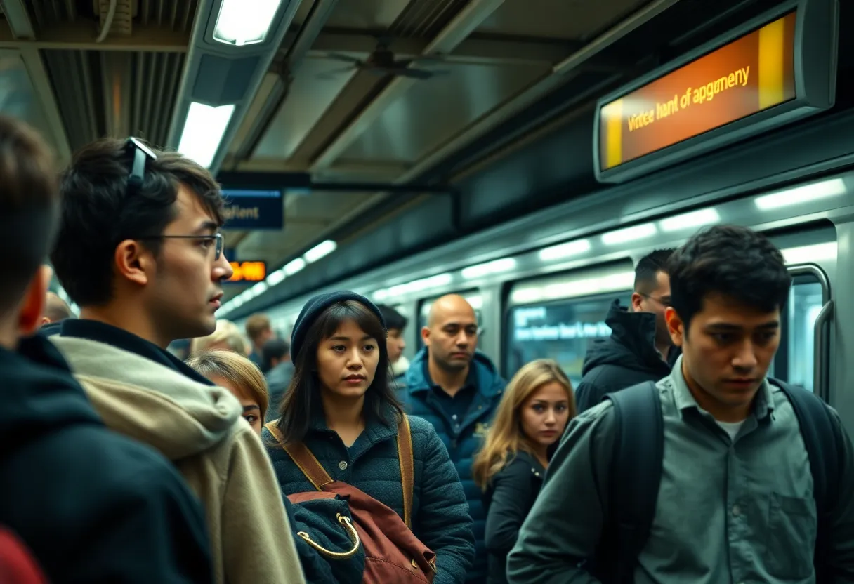 Commuters in a busy subway station looking concerned about safety.