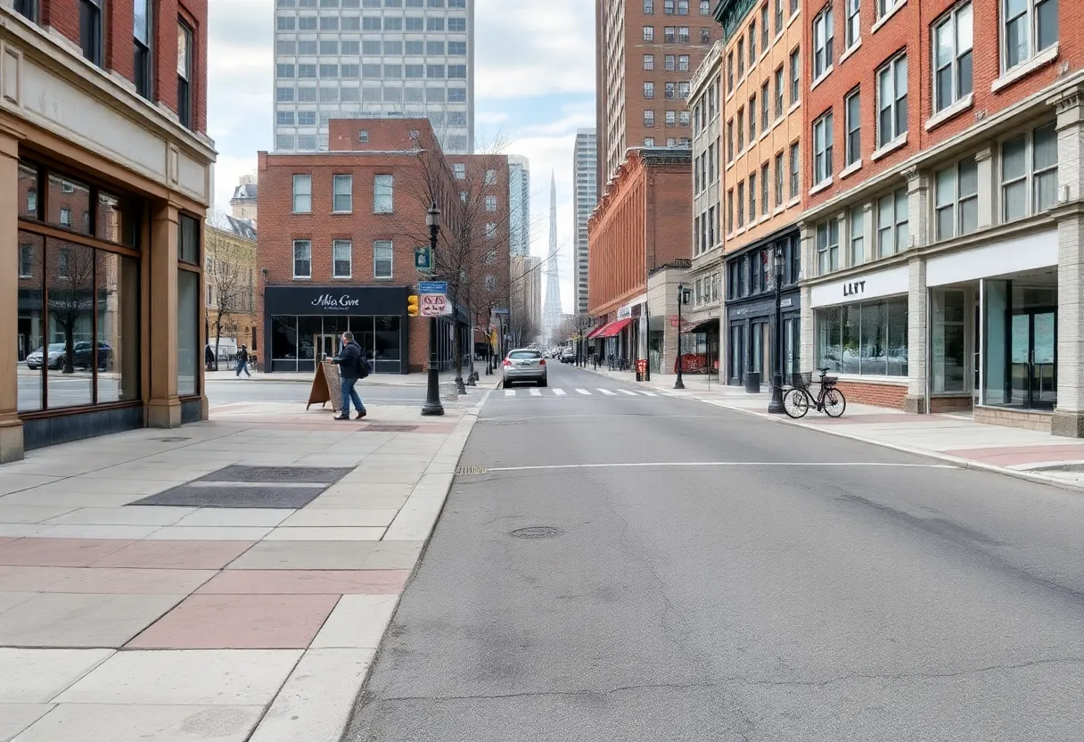 Abandoned storefronts and empty sidewalks in Boston's Mass. and Cass area
