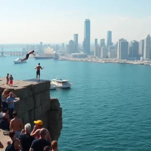 Cliff divers performing high dives over Boston Harbor