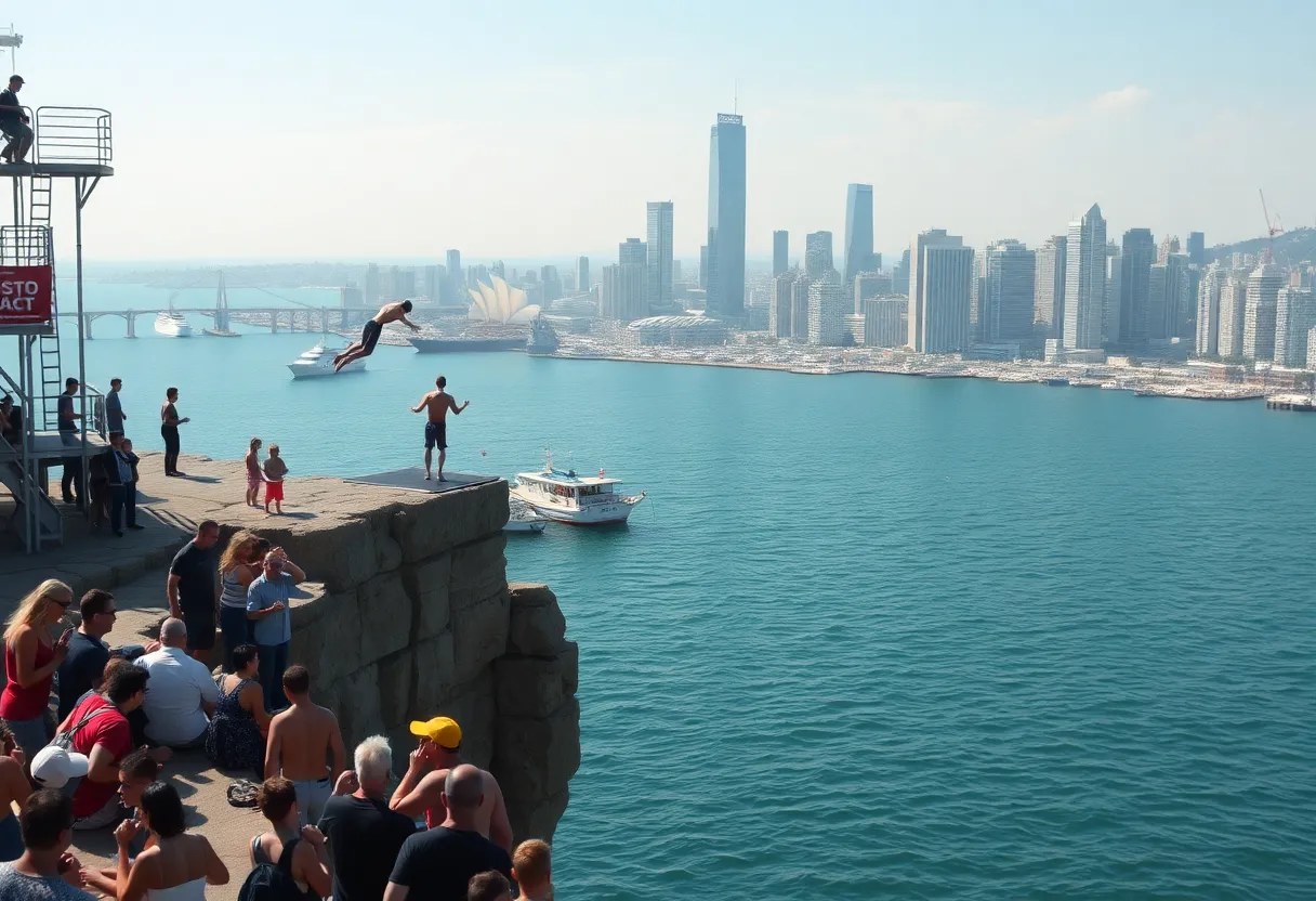 Cliff divers performing high dives over Boston Harbor