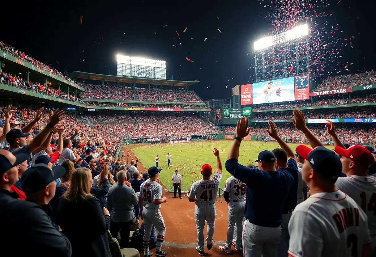 Boston Red Sox players celebrating their playoff berth at Fenway Park
