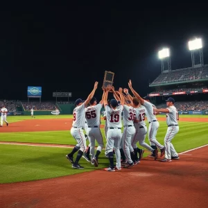 Boston Red Sox players celebrating a walk-off victory