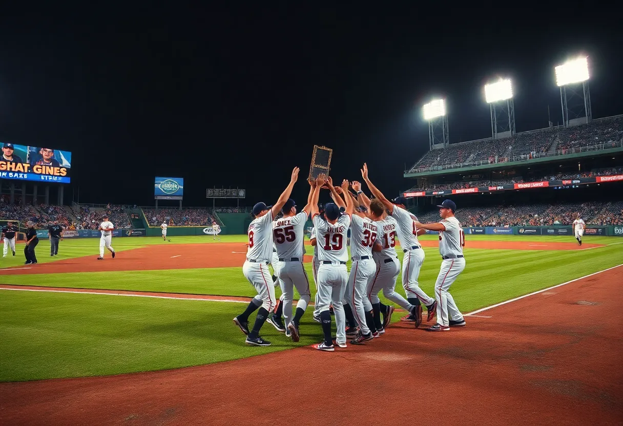Boston Red Sox players celebrating a walk-off victory