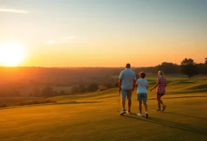Landscape of a peaceful golf course during sunset symbolizing family unity and legacy.