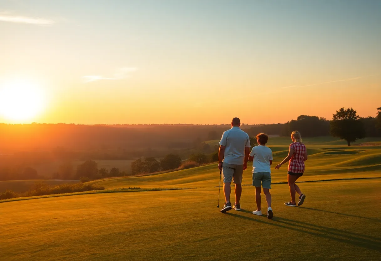 Landscape of a peaceful golf course during sunset symbolizing family unity and legacy.