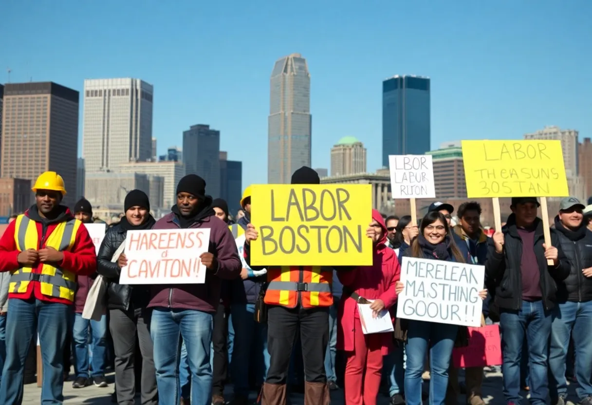 Union workers celebrating the end of the Republic Services strike in Boston