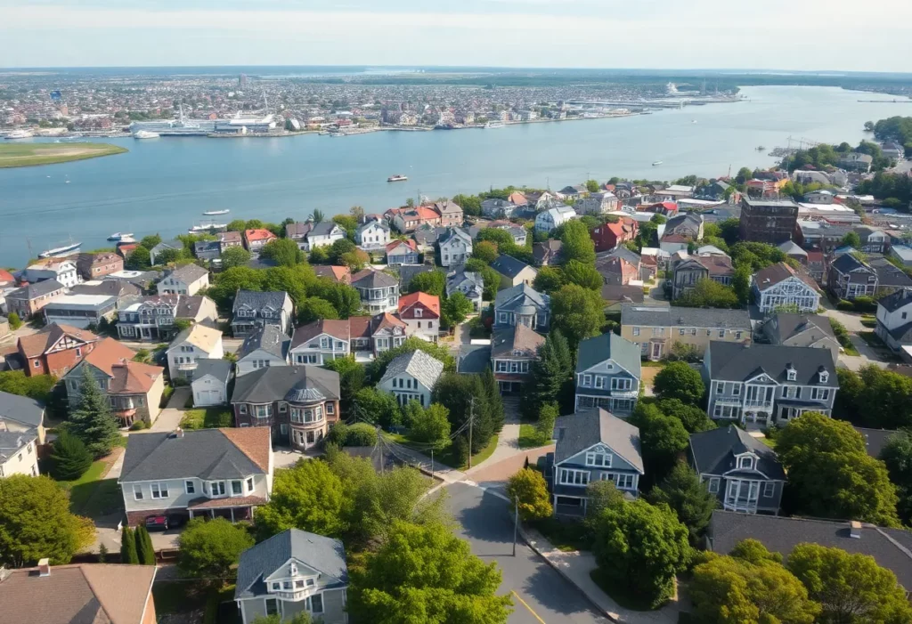Aerial view of Rhode Island showing residential areas and real estate market activities.